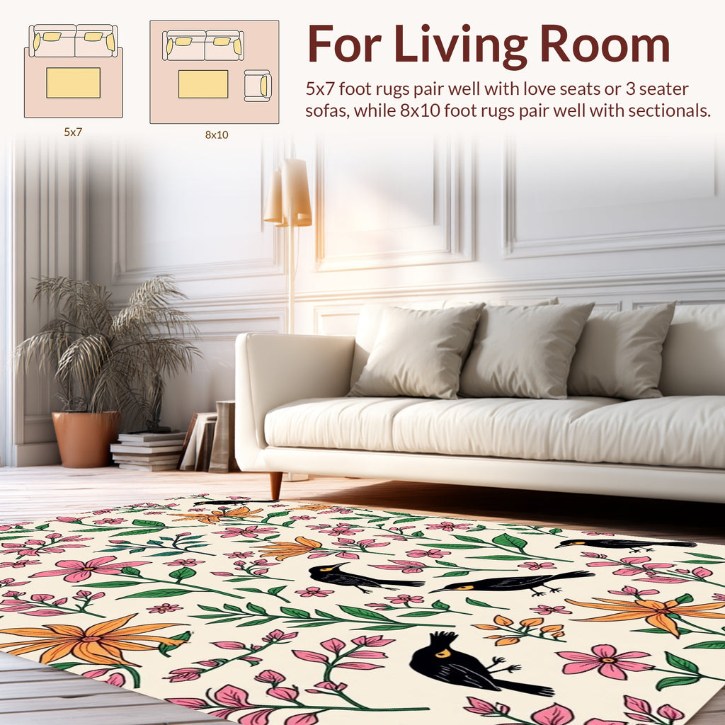 Whimsical Birds and Botanical Flowers Pattern Rug