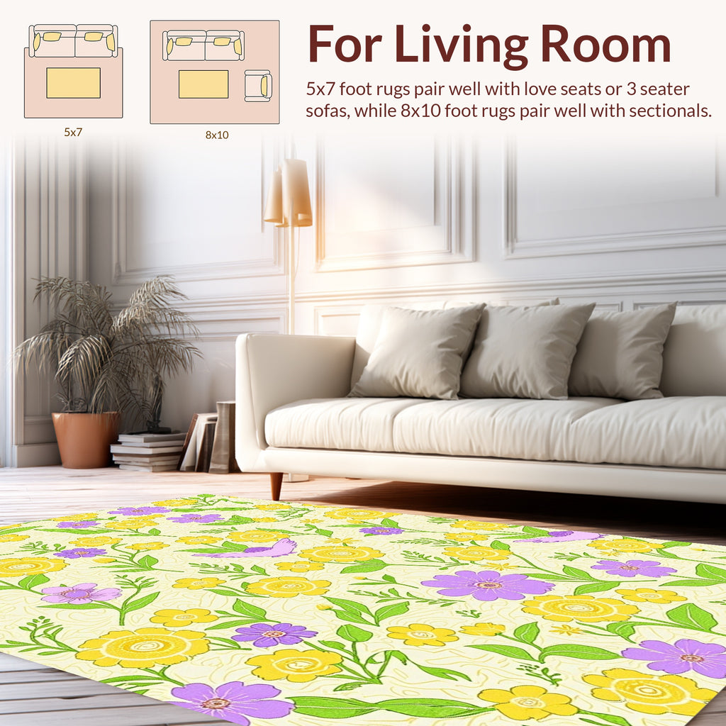 Yellow Violet Floral Bird Pattern Rug