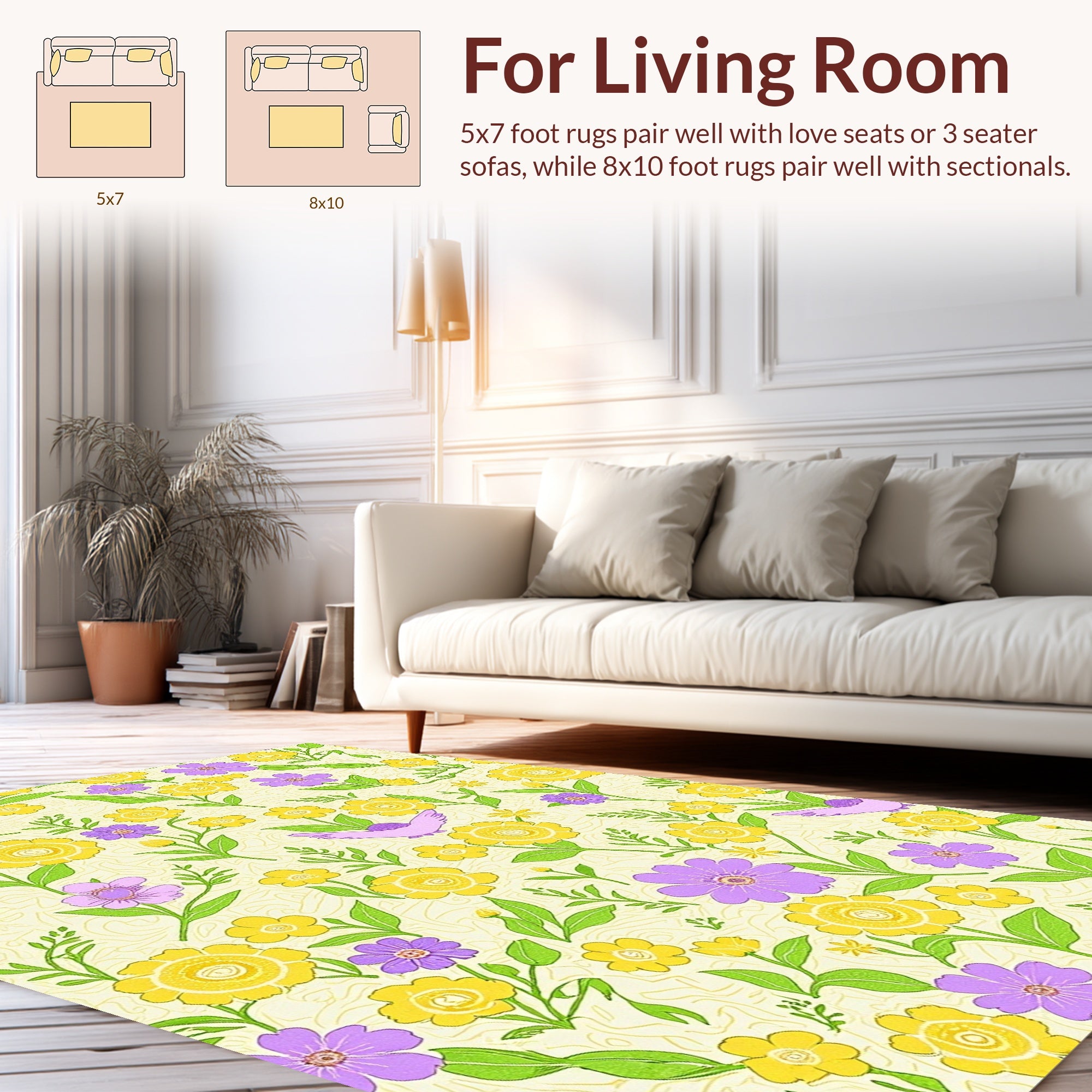 Yellow Violet Floral Bird Pattern Rug