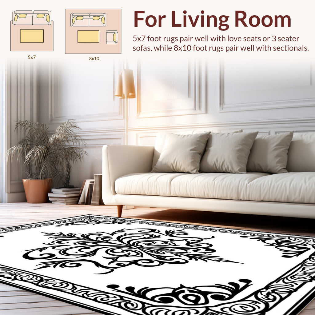 Black White Ornate Floral Swirls Design Rug