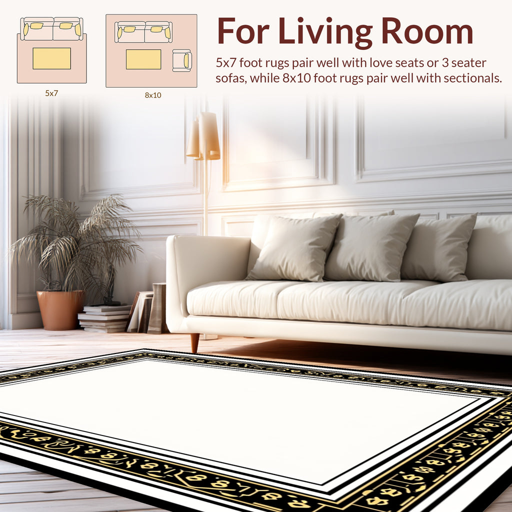 Ornate Black Gold Floral Border Rug