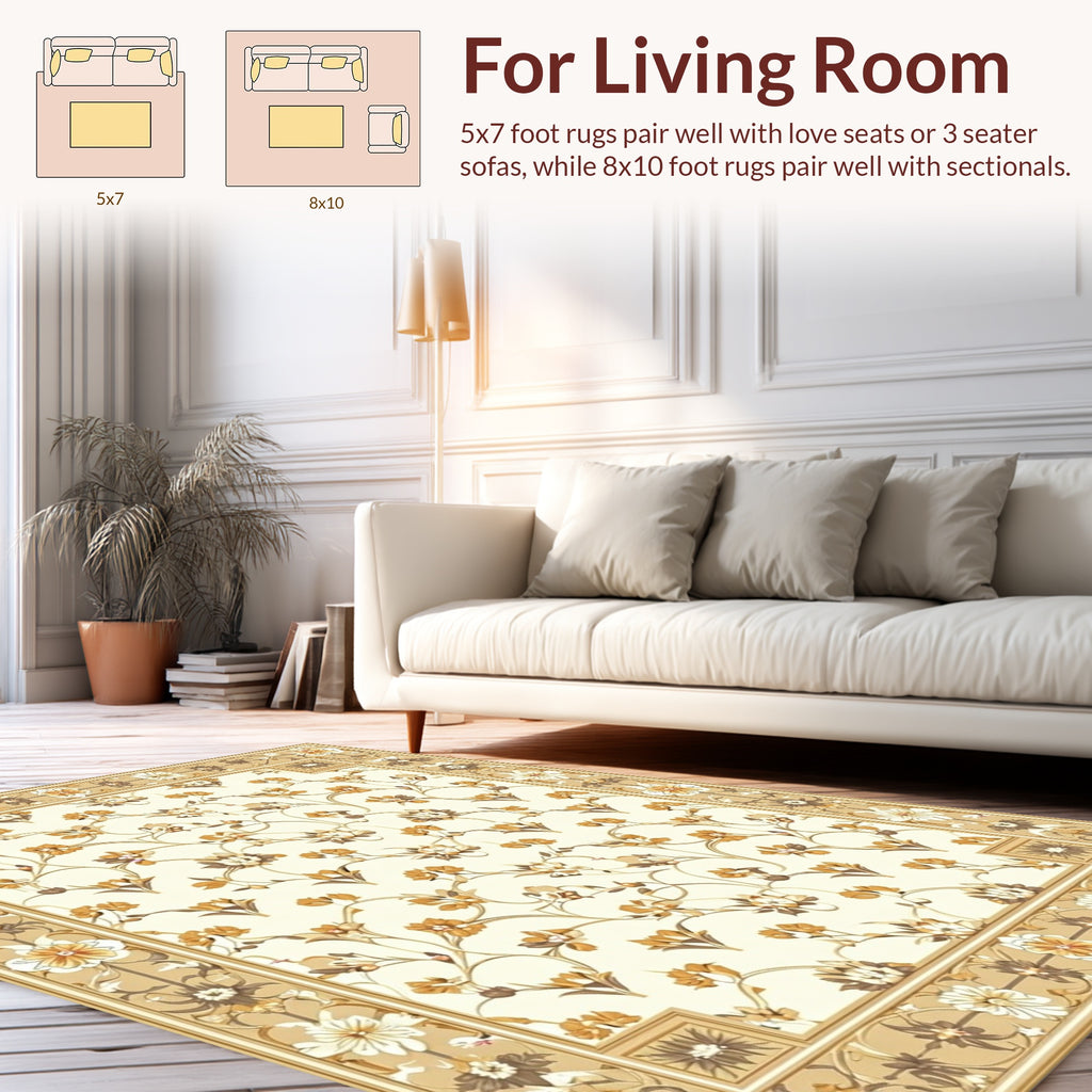 Cream Floral Vine Scroll Border Design Rug