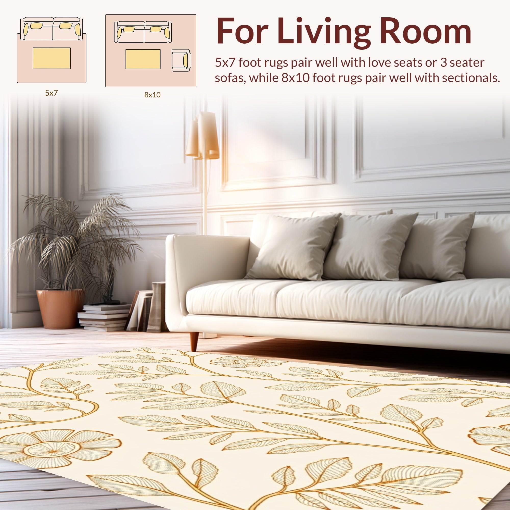 Golden Leaf and Flower Pattern Rug