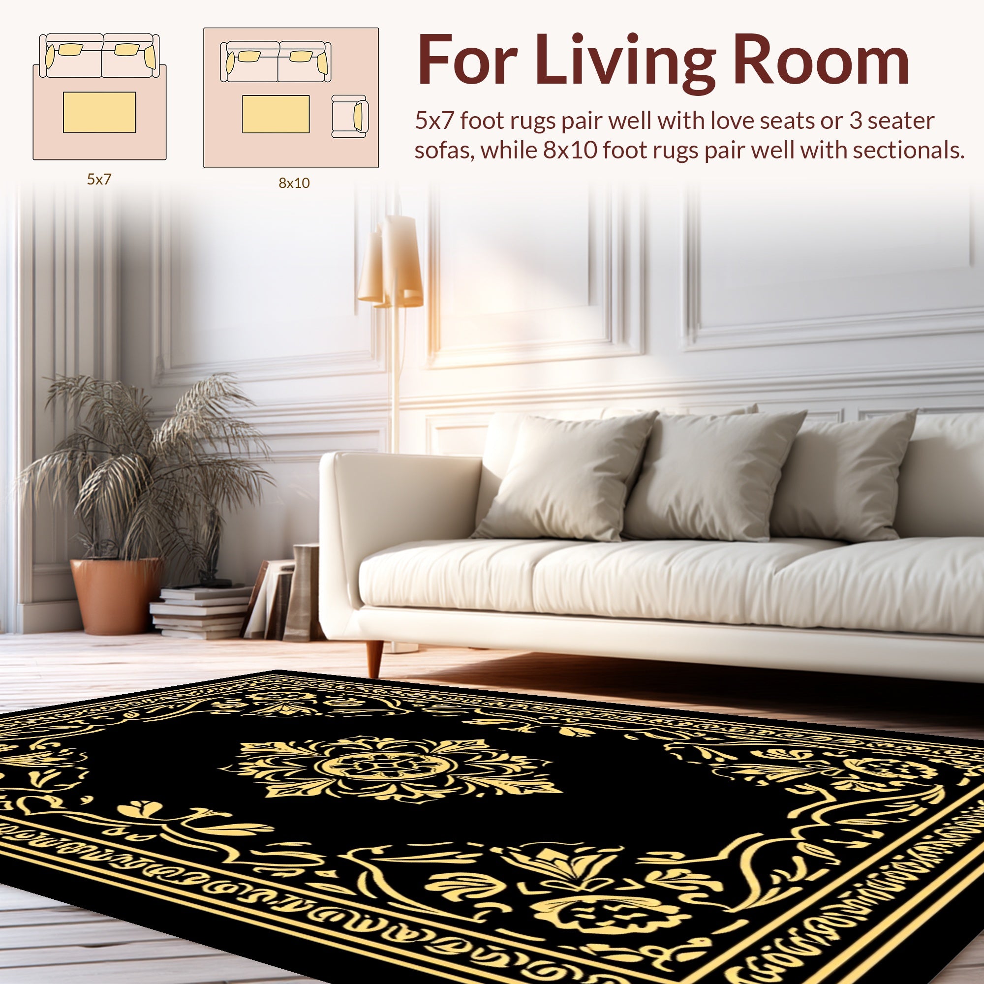 Ornate Golden Floral Centerpiece Design Rug