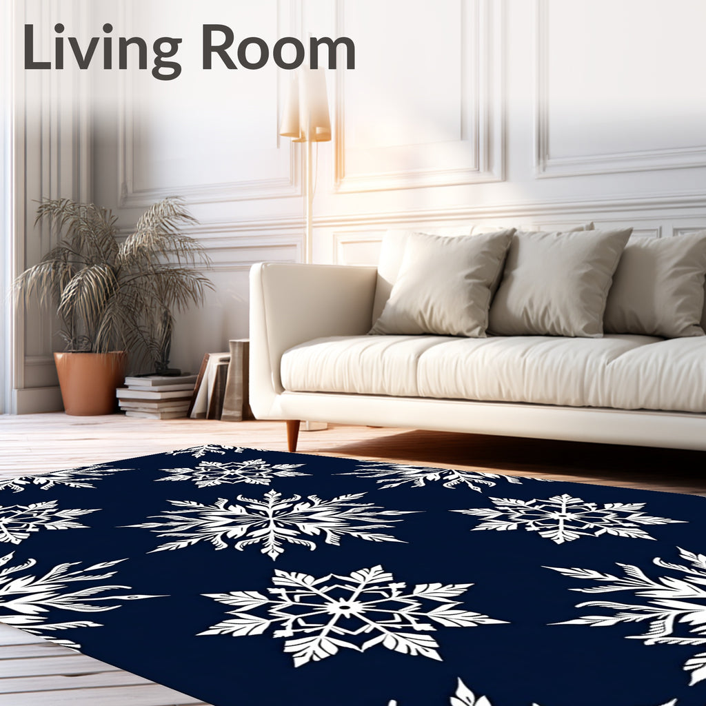 White Snowflake Navy Blue Background Rug