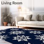 White Snowflake Navy Blue Background Rug