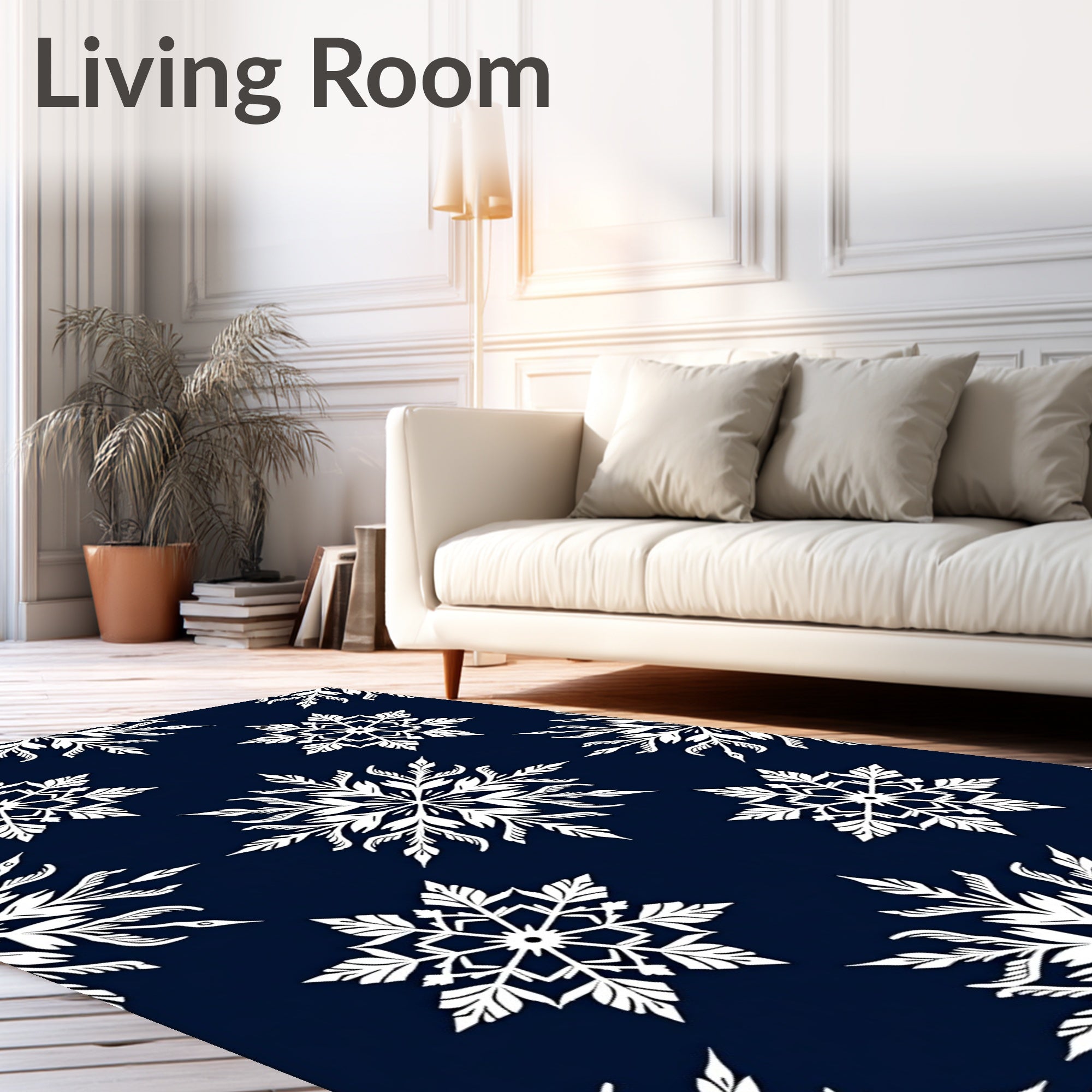 White Snowflake Navy Blue Background Rug