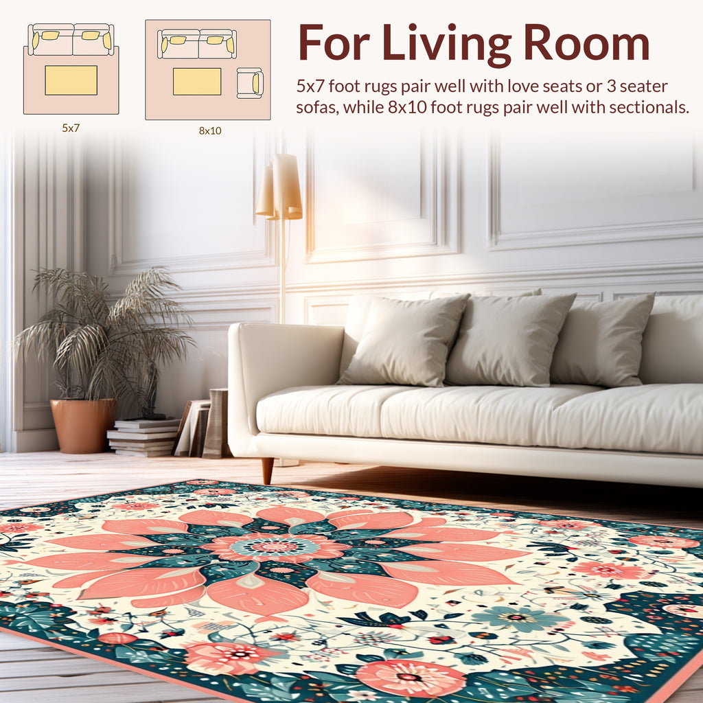Coral Teal Floral Mandala Design Rug