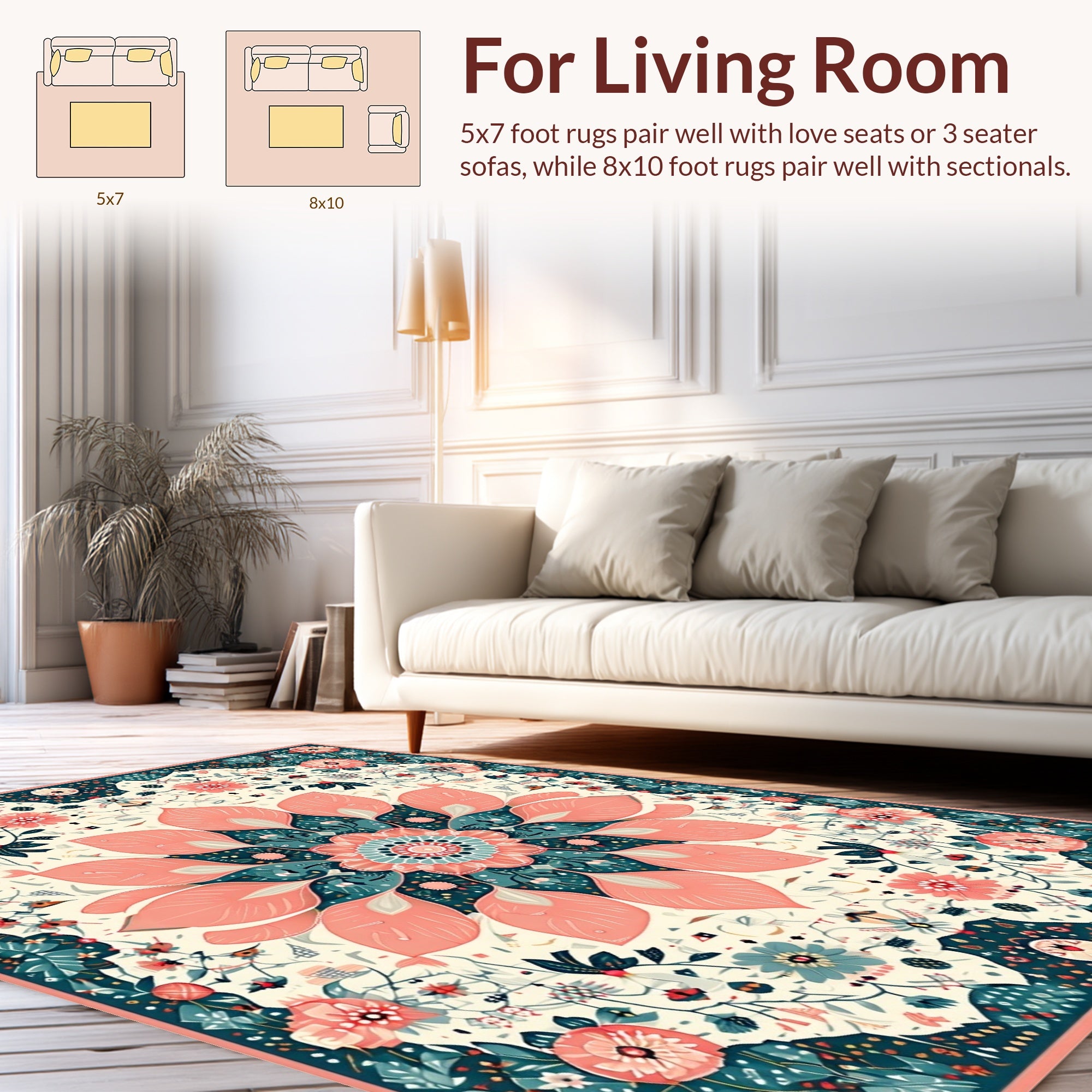 Coral Teal Floral Mandala Design Rug