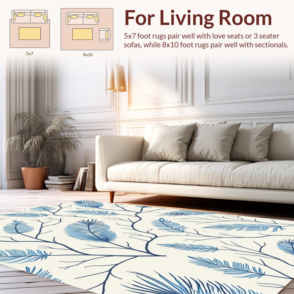 Blue Feather Branch Pattern Design Rug