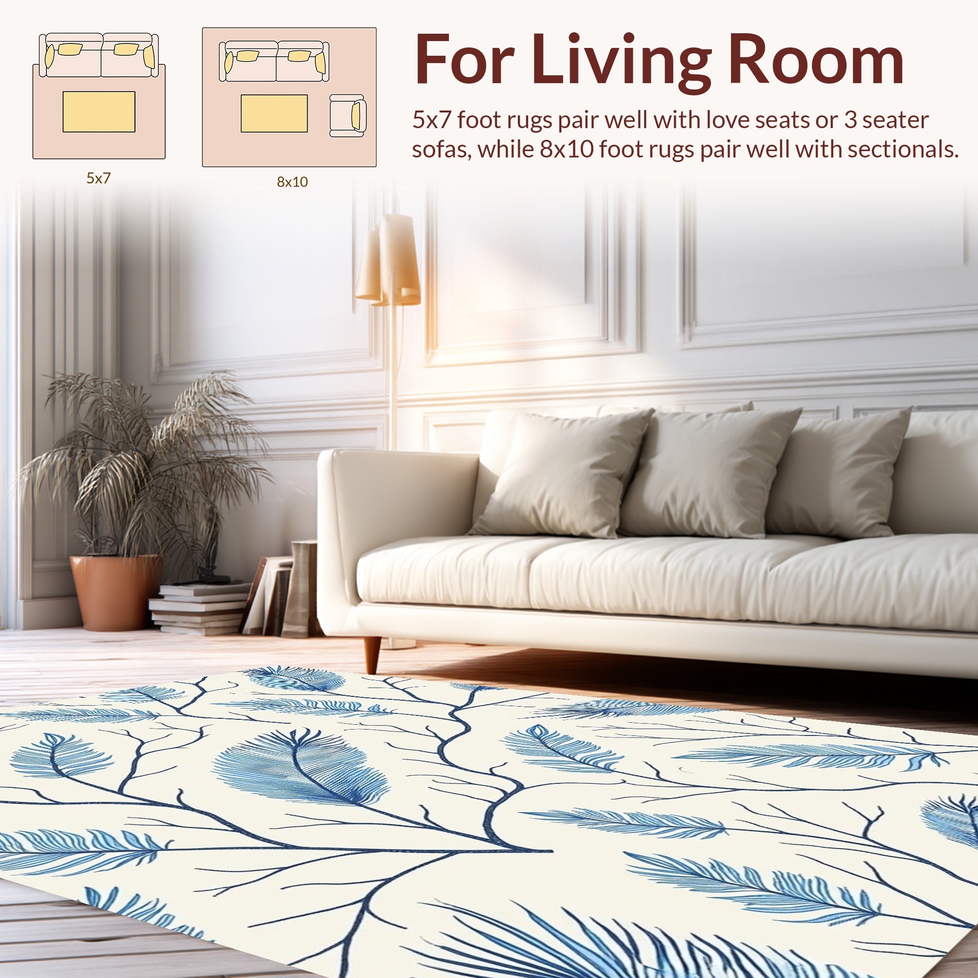 Blue Feather Branch Pattern Design Rug