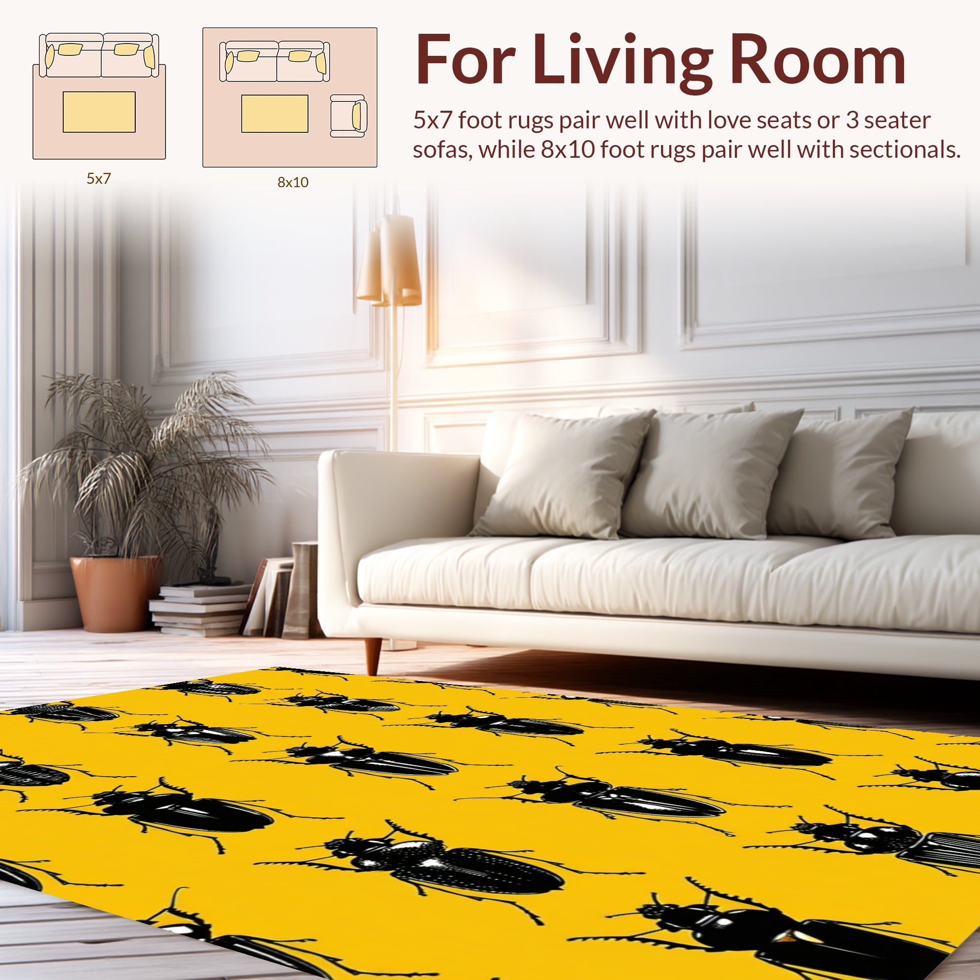 Black Insect Pattern Yellow Motif Rug