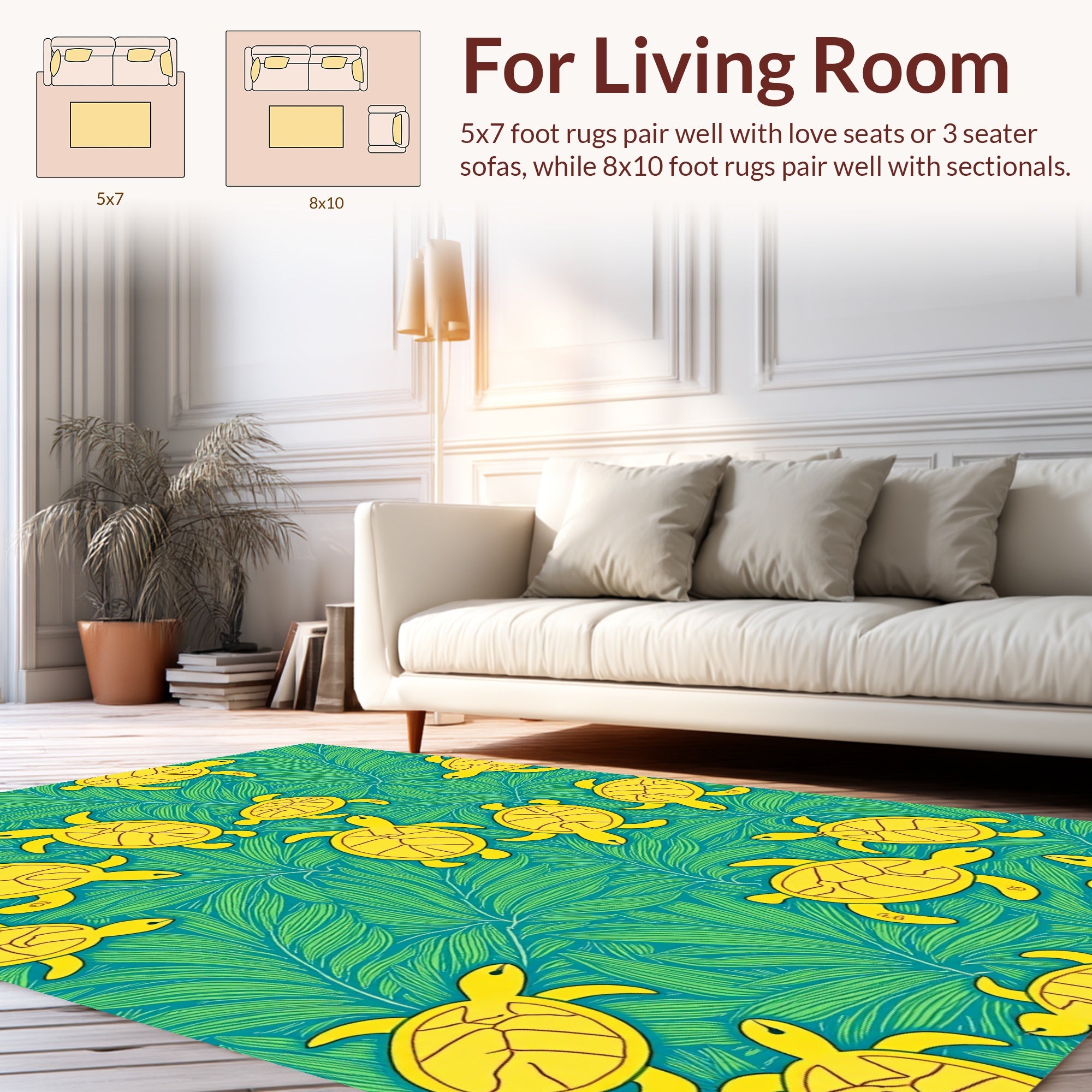 Yellow Turtles Green Foliage Pattern Rug