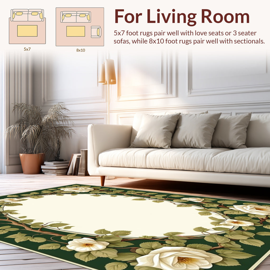 White Rose Vine Botanical Floral Rug