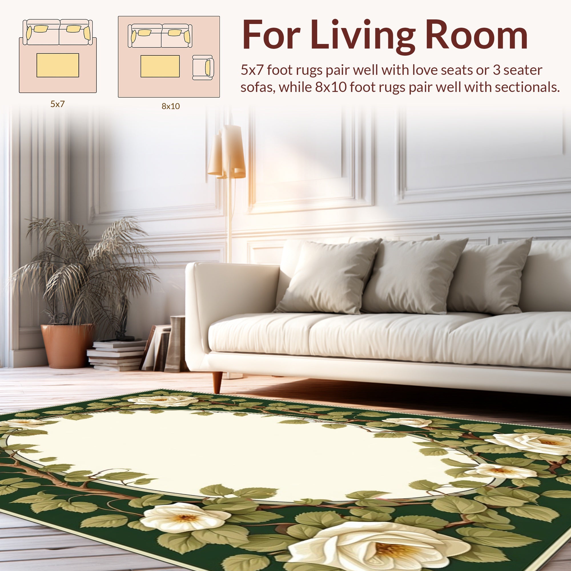 White Rose Vine Botanical Floral Rug