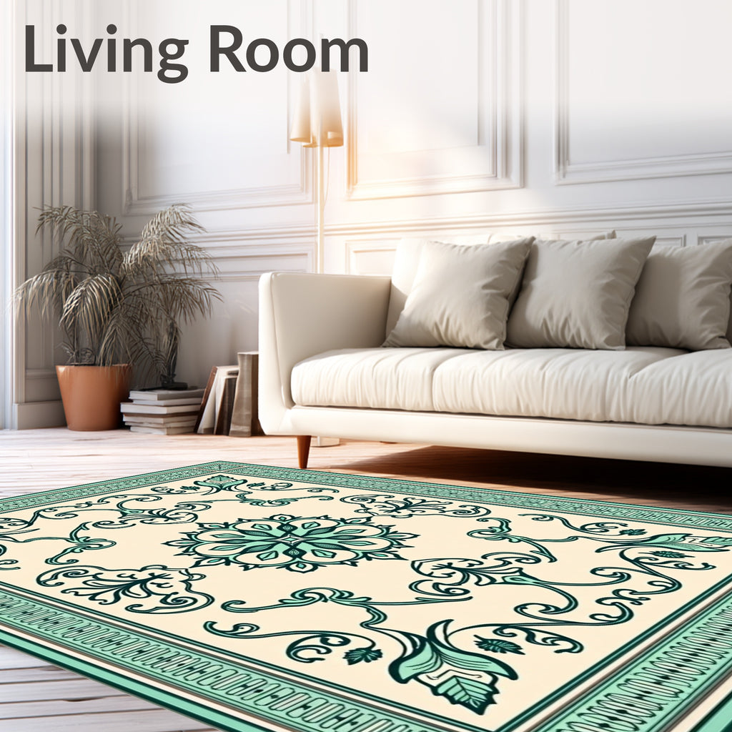 Cream And Teal Floral Medallion Rug