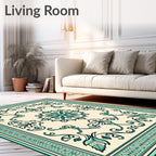 Cream And Teal Floral Medallion Rug