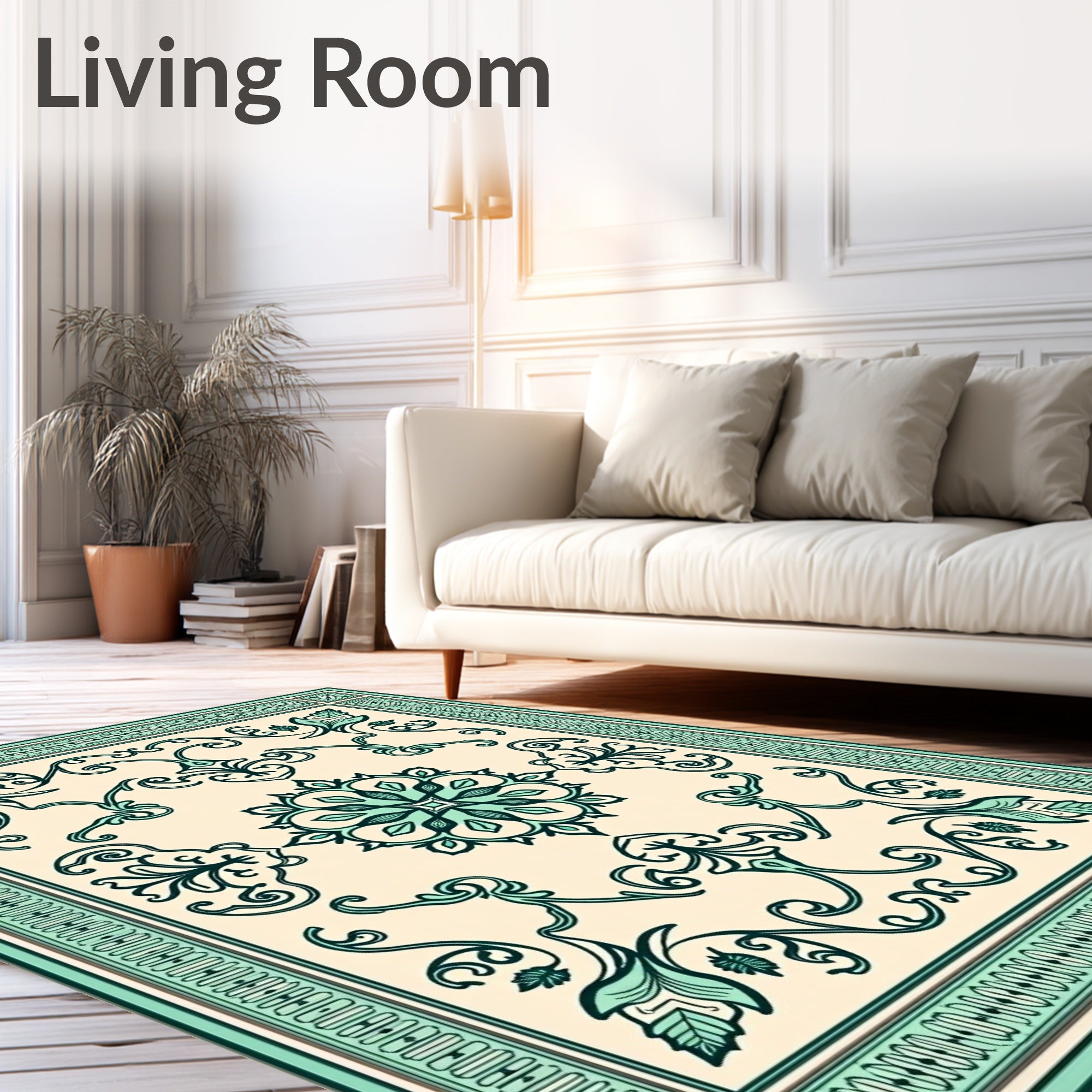 Cream And Teal Floral Medallion Rug