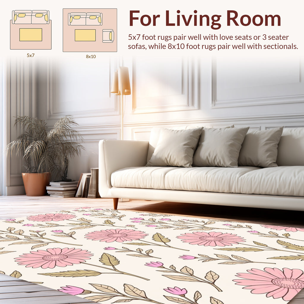 Pink Daisy Floral Botanical Pattern Rug