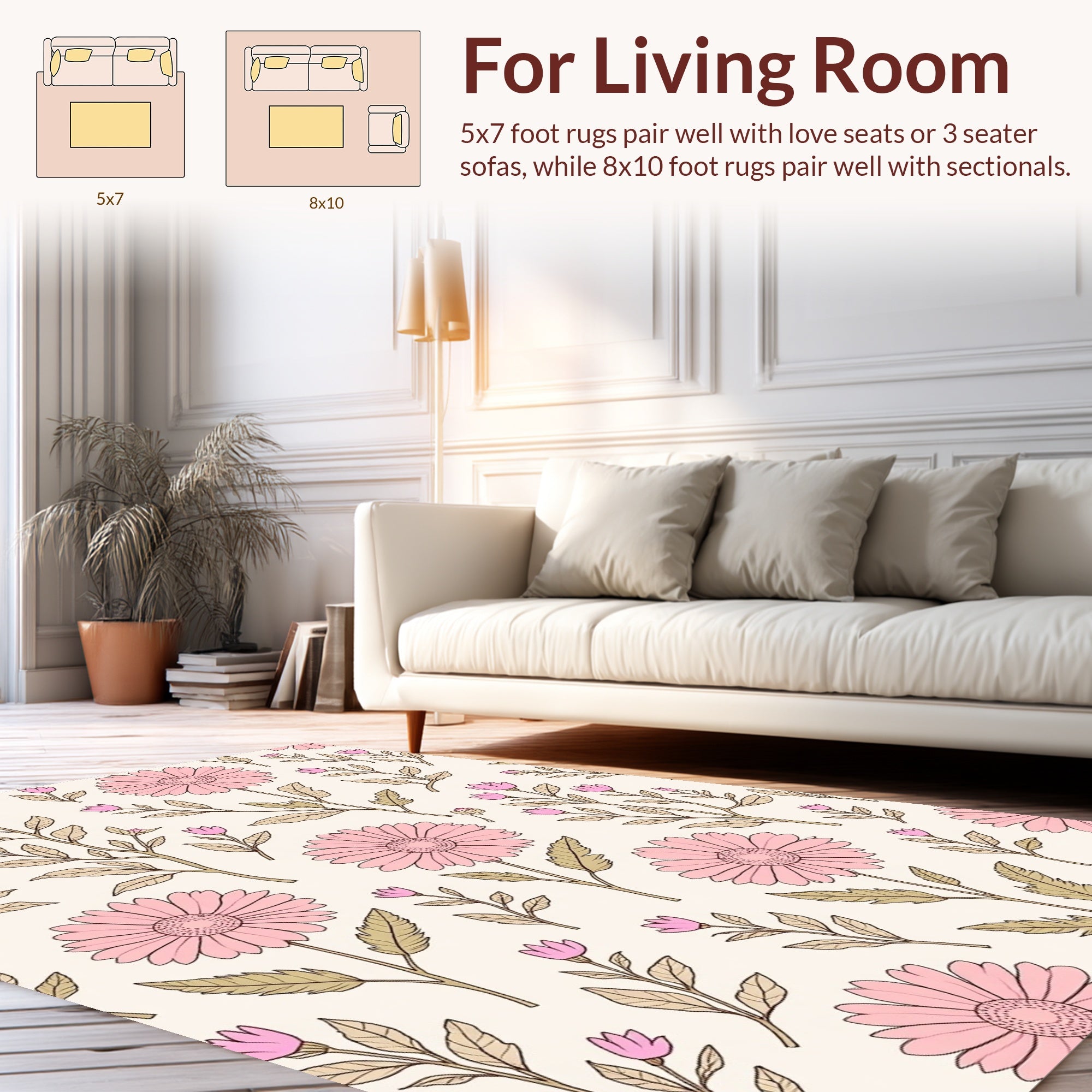 Pink Daisy Floral Botanical Pattern Rug