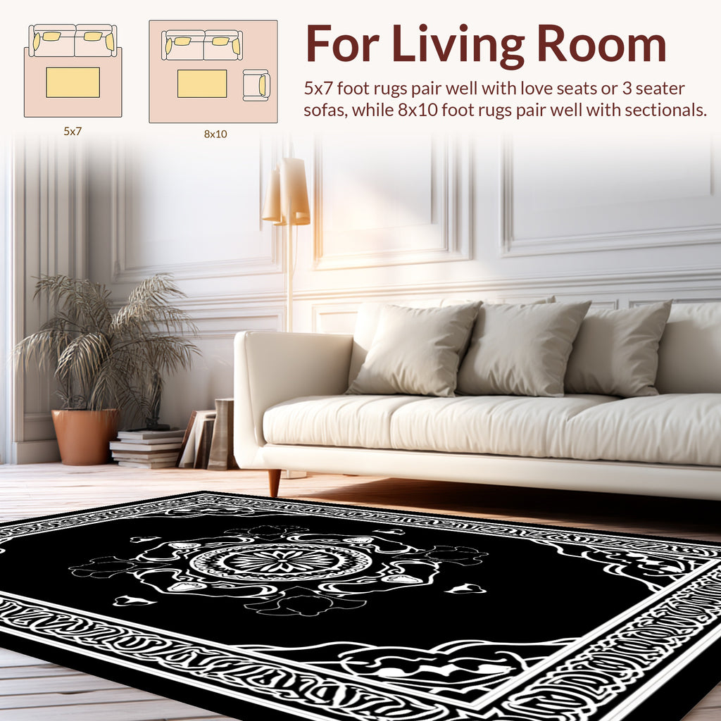 Bold Black Mandala Floral Pattern Rug