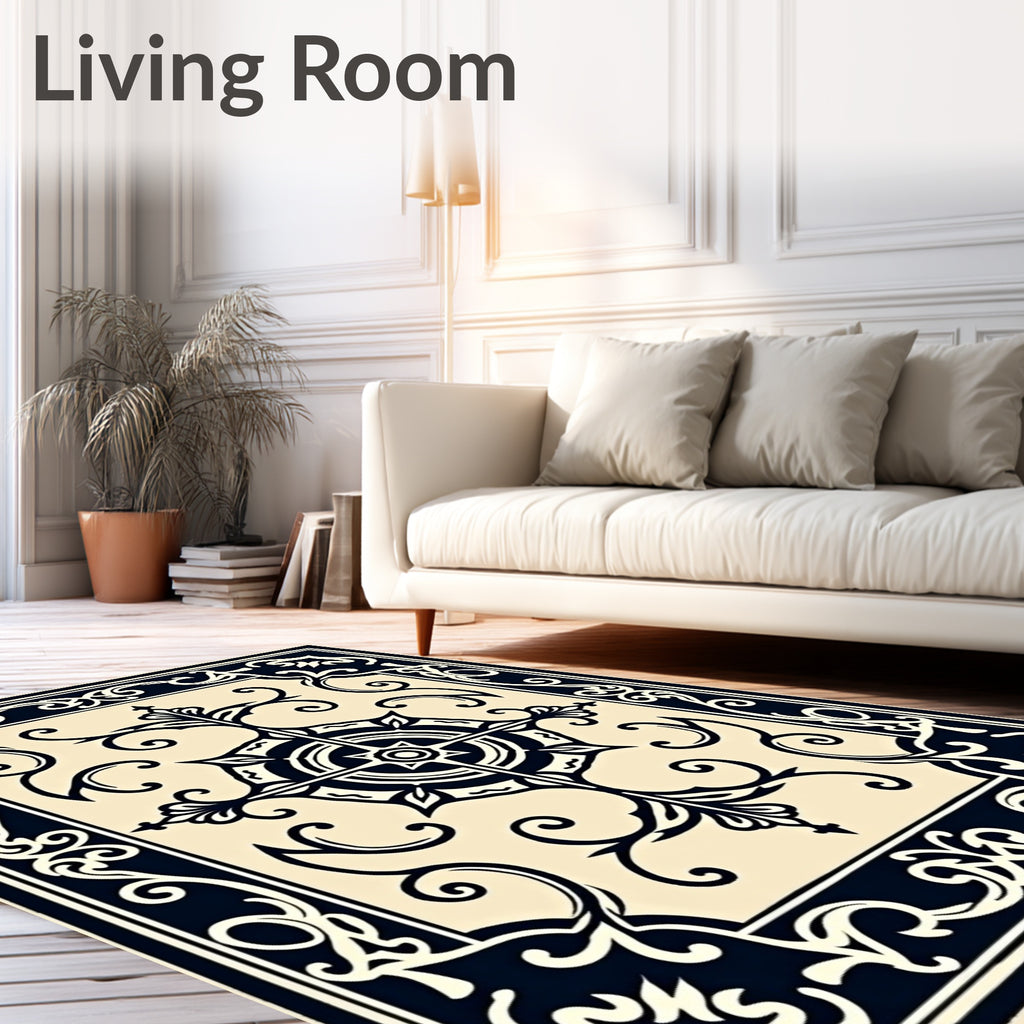Cream Navy Scrollwork Medallion Rug