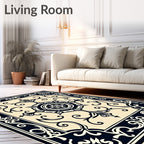 Cream Navy Scrollwork Medallion Rug