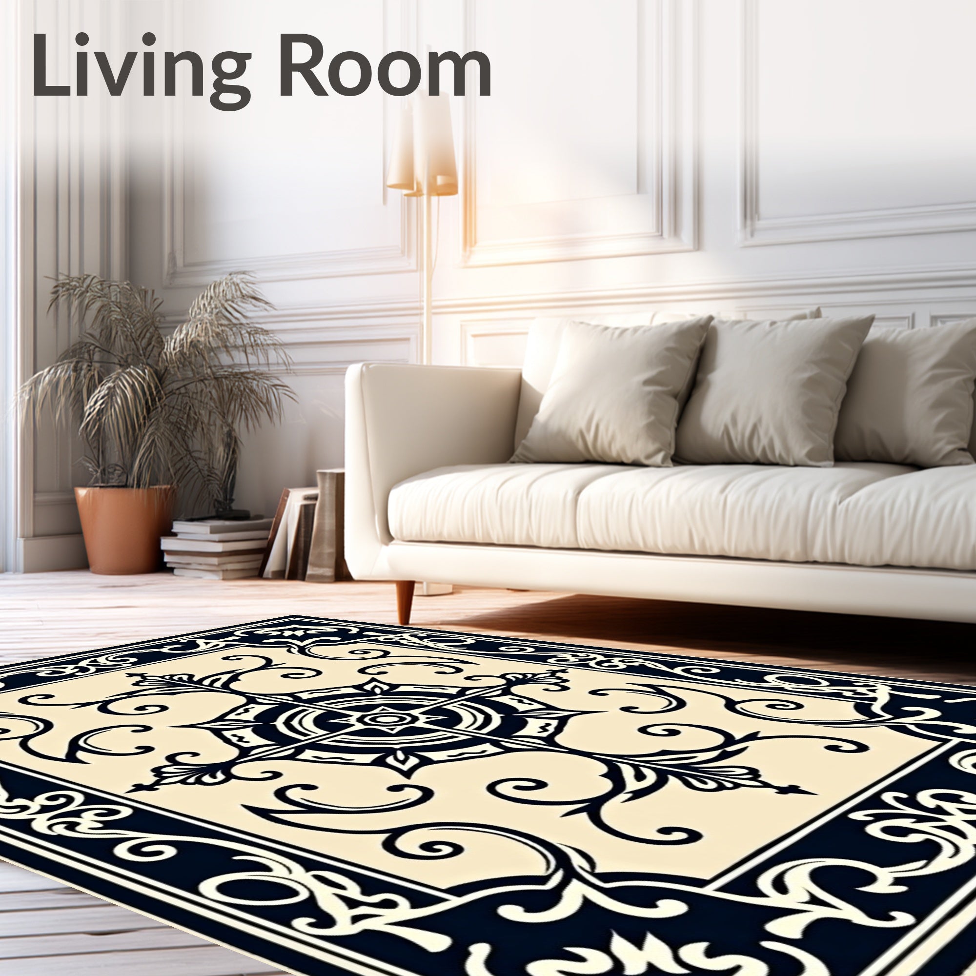 Cream Navy Scrollwork Medallion Rug