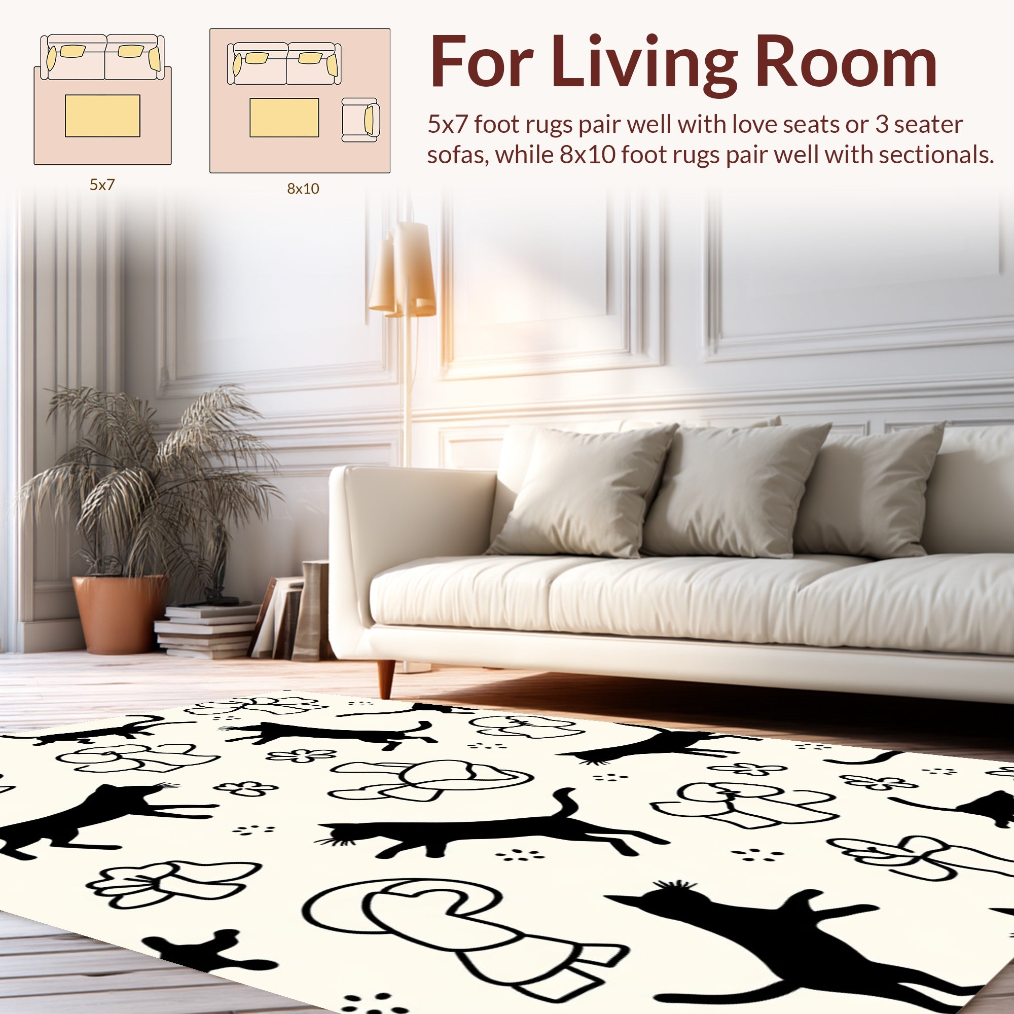 Playful Black Cats Abstract Flowers Rug