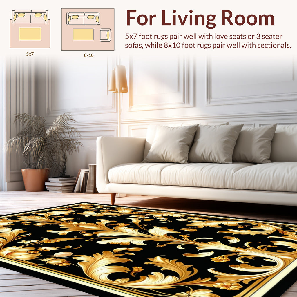 Ornate Floral Scrollwork Gold Black Design Rug