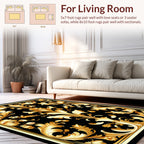 Ornate Floral Scrollwork Gold Black Design Rug