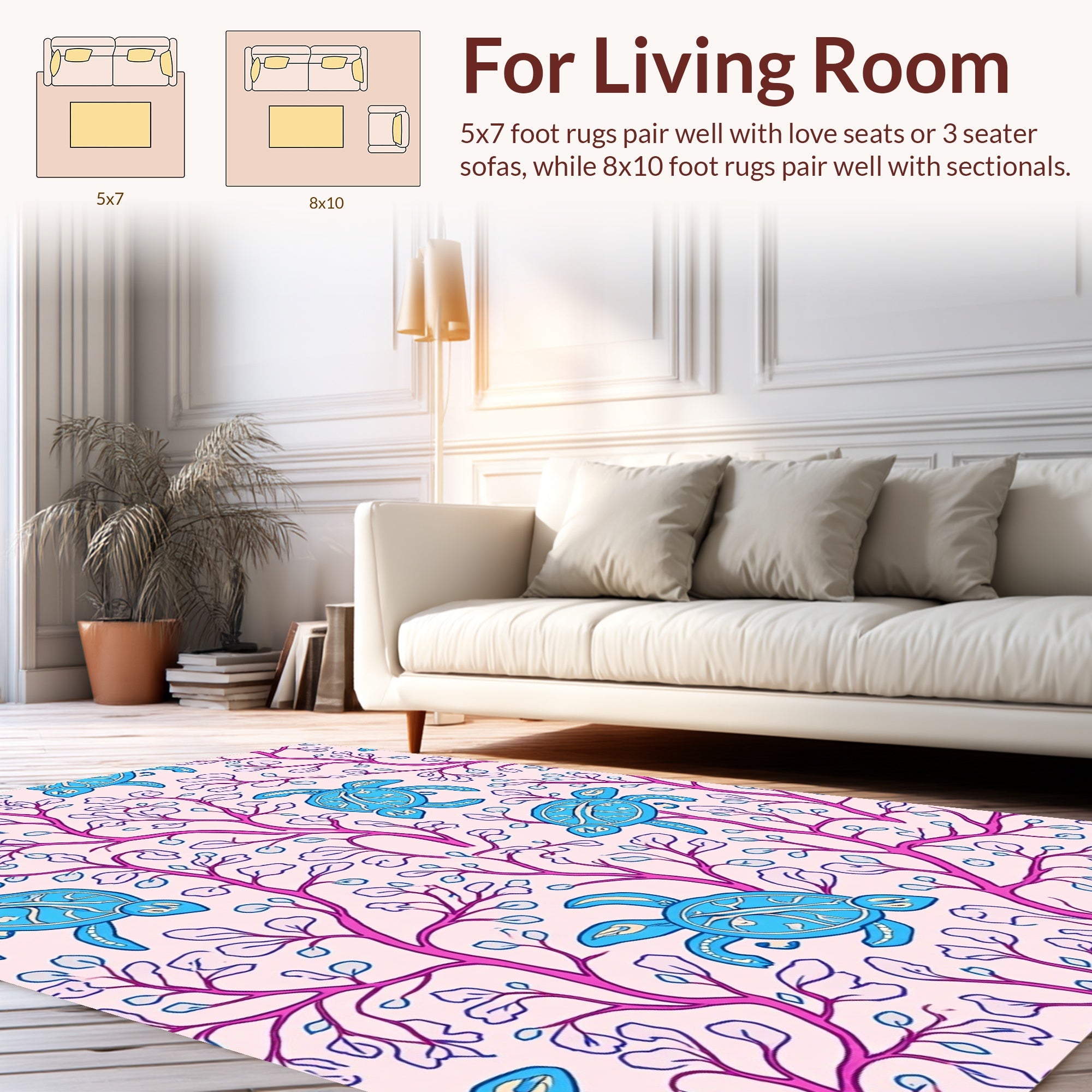 Whimsical Blue Turtles Pink Coral Pattern Rug