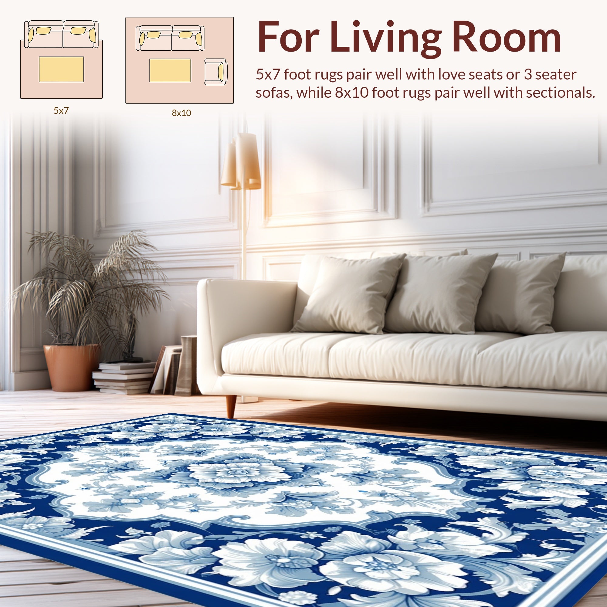 Classic Blue Floral Damask Design Rug