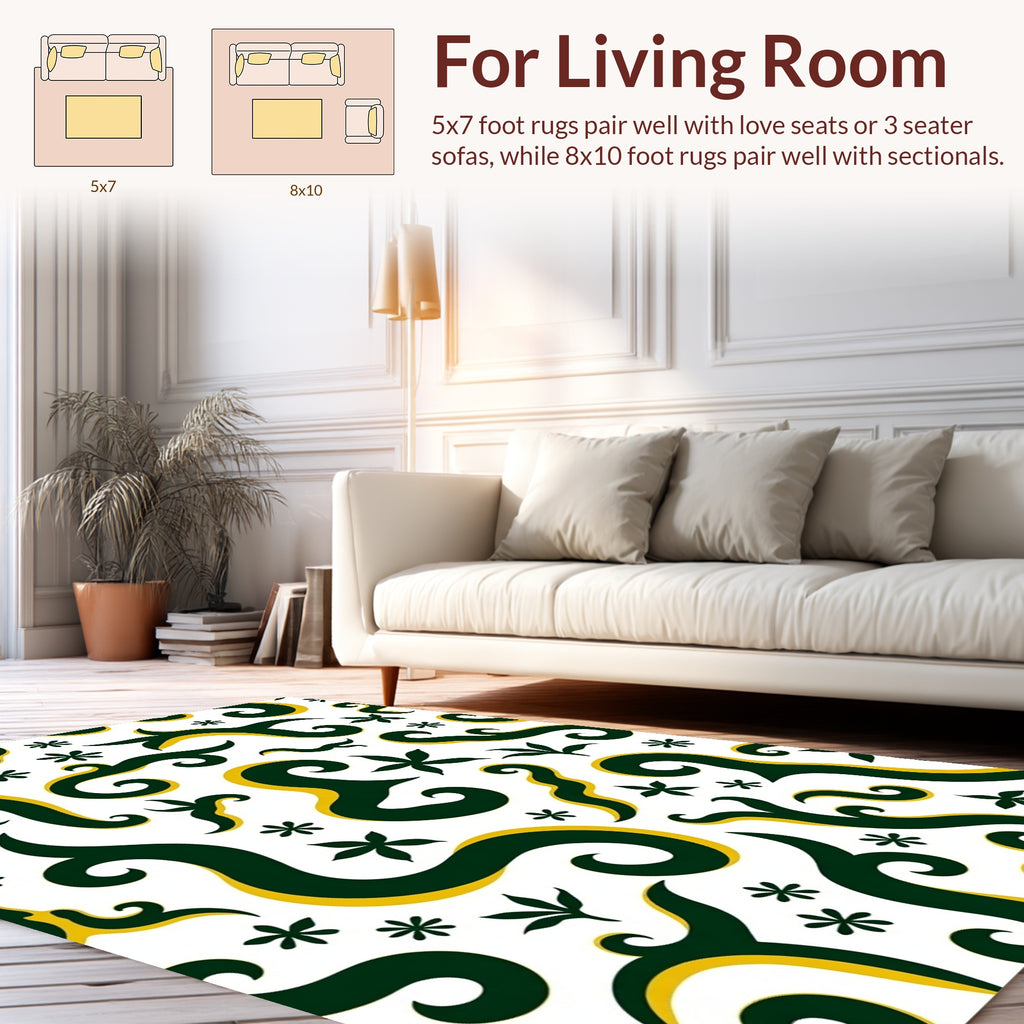 Green and Gold Swirl Floral Pattern Rug