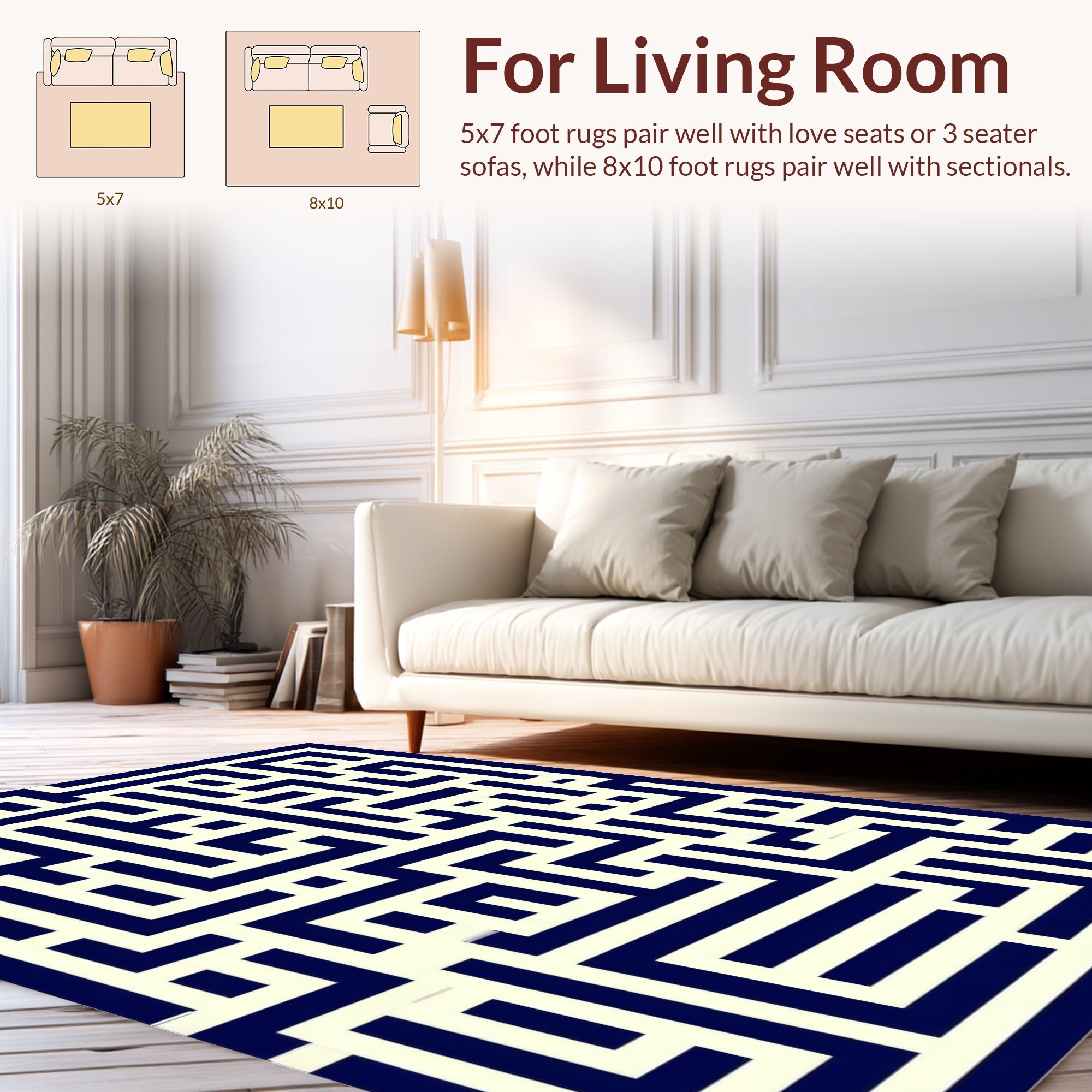 Navy Cream Geometric Maze Pattern Rug