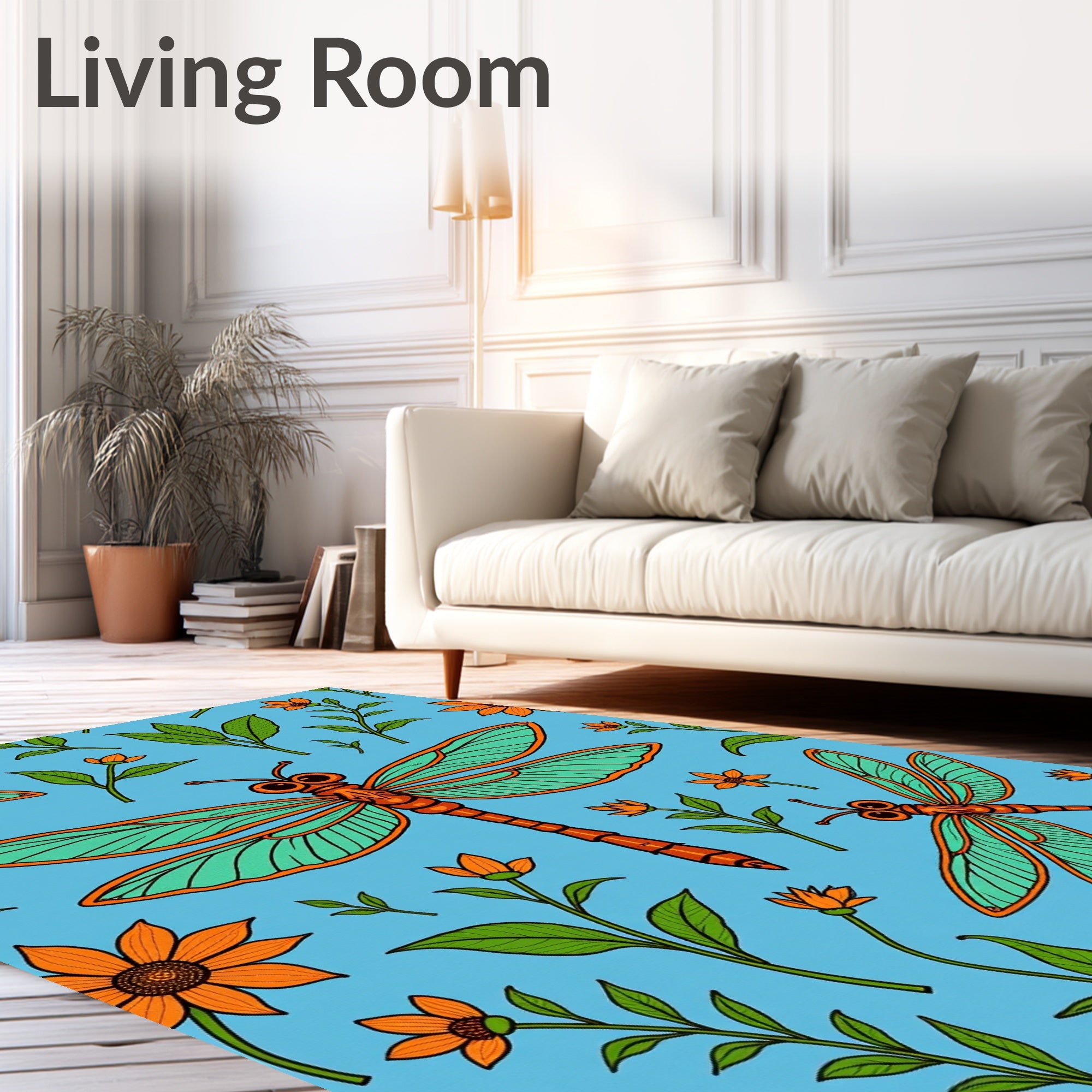 Orange Dragonfly Floral Illustration Blue Rug