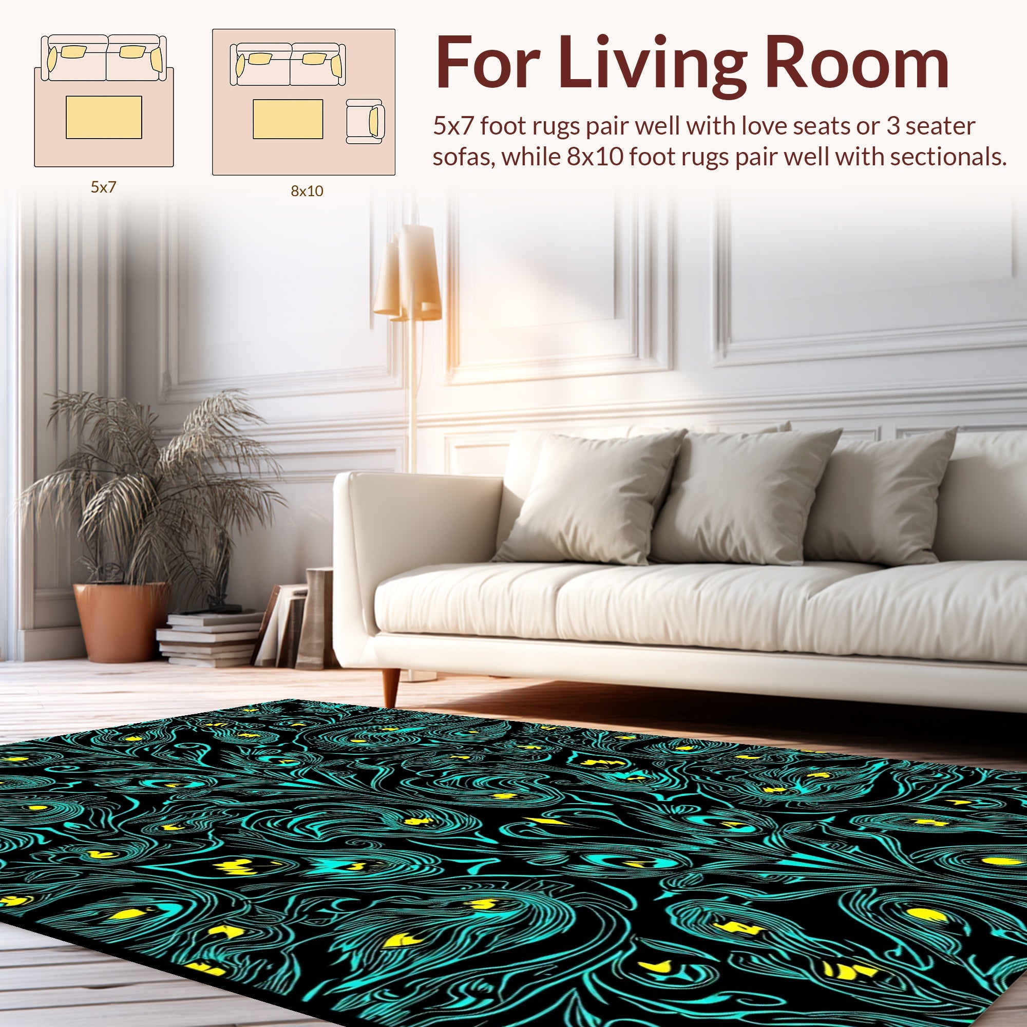 Teal Feathered Floral Pattern Rug
