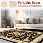 Ornate Floral Scrollwork Black Gold Design Rug