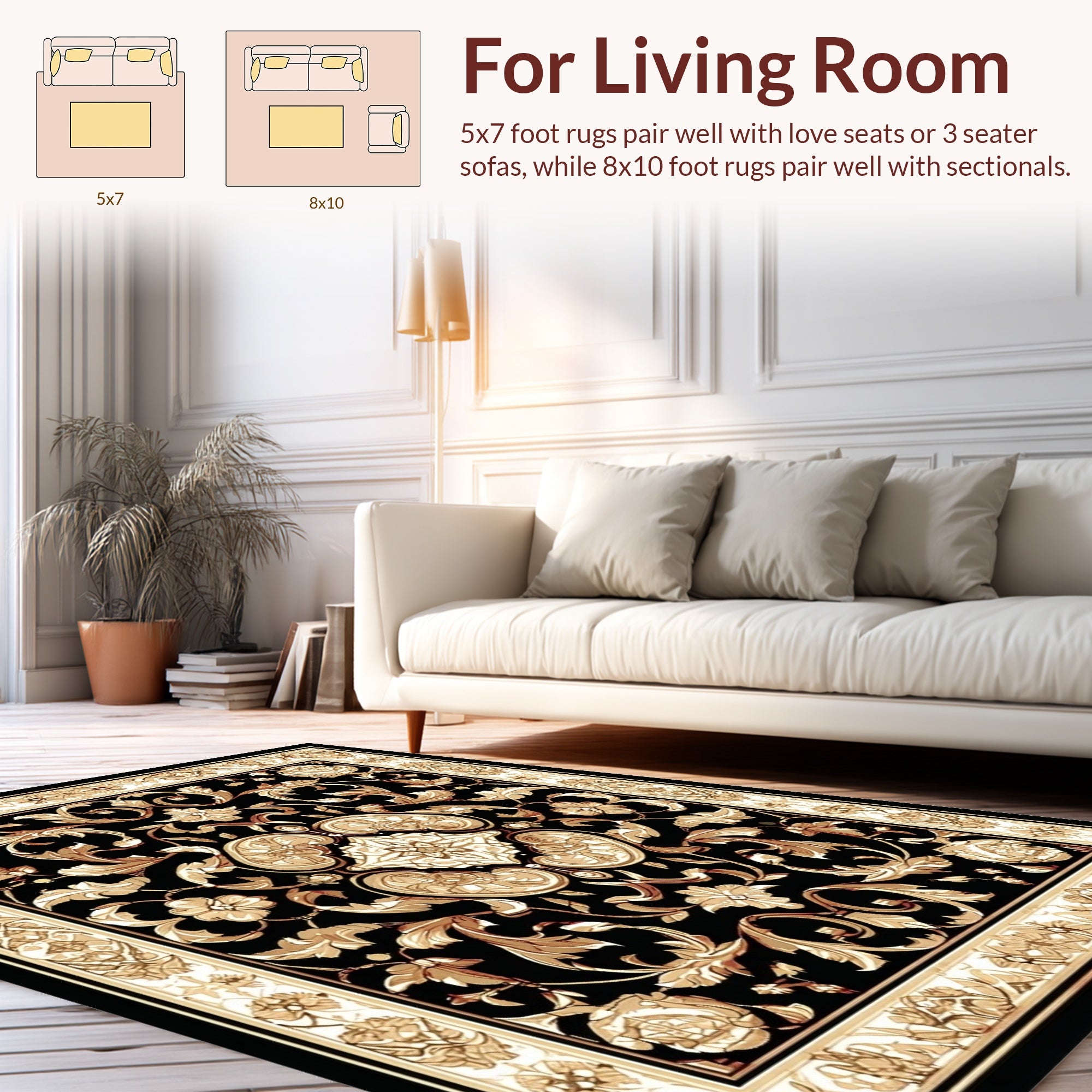Ornate Floral Scrollwork Black Gold Design Rug