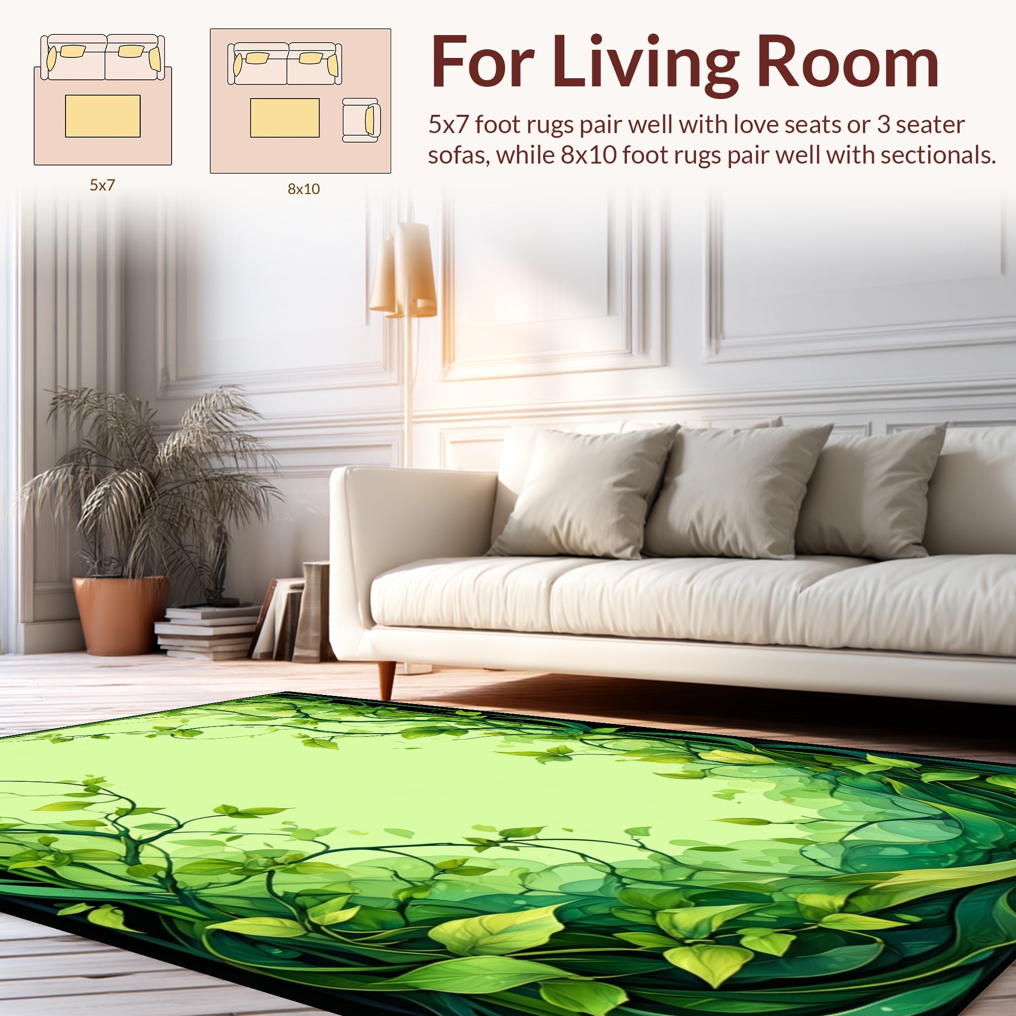 Vibrant Green Leafy Vine Pattern Rug