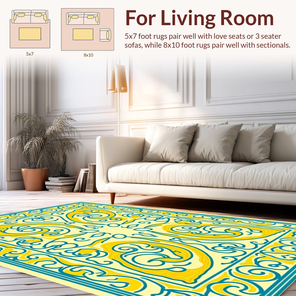 Yellow Blue Symmetrical Scrollwork Design Rug