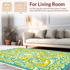 Yellow Blue Symmetrical Scrollwork Design Rug