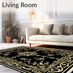 Black Gold Floral Vine Square Rug