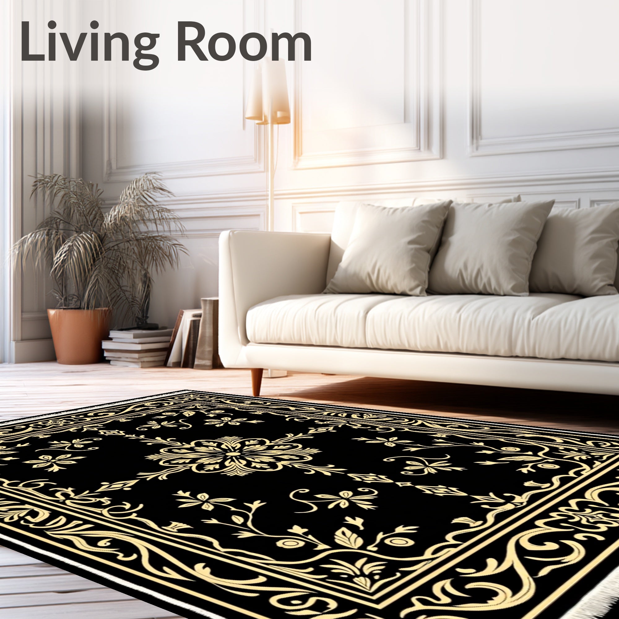 Black Gold Floral Vine Square Rug