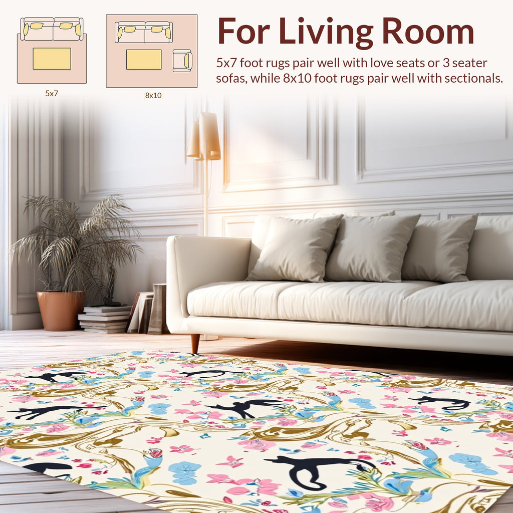 Whimsical Black Cats Floral Scroll Pattern Rug