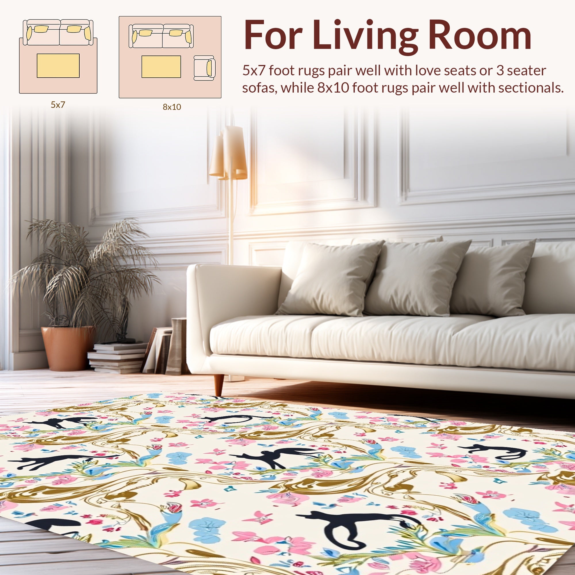 Whimsical Black Cats Floral Scroll Pattern Rug