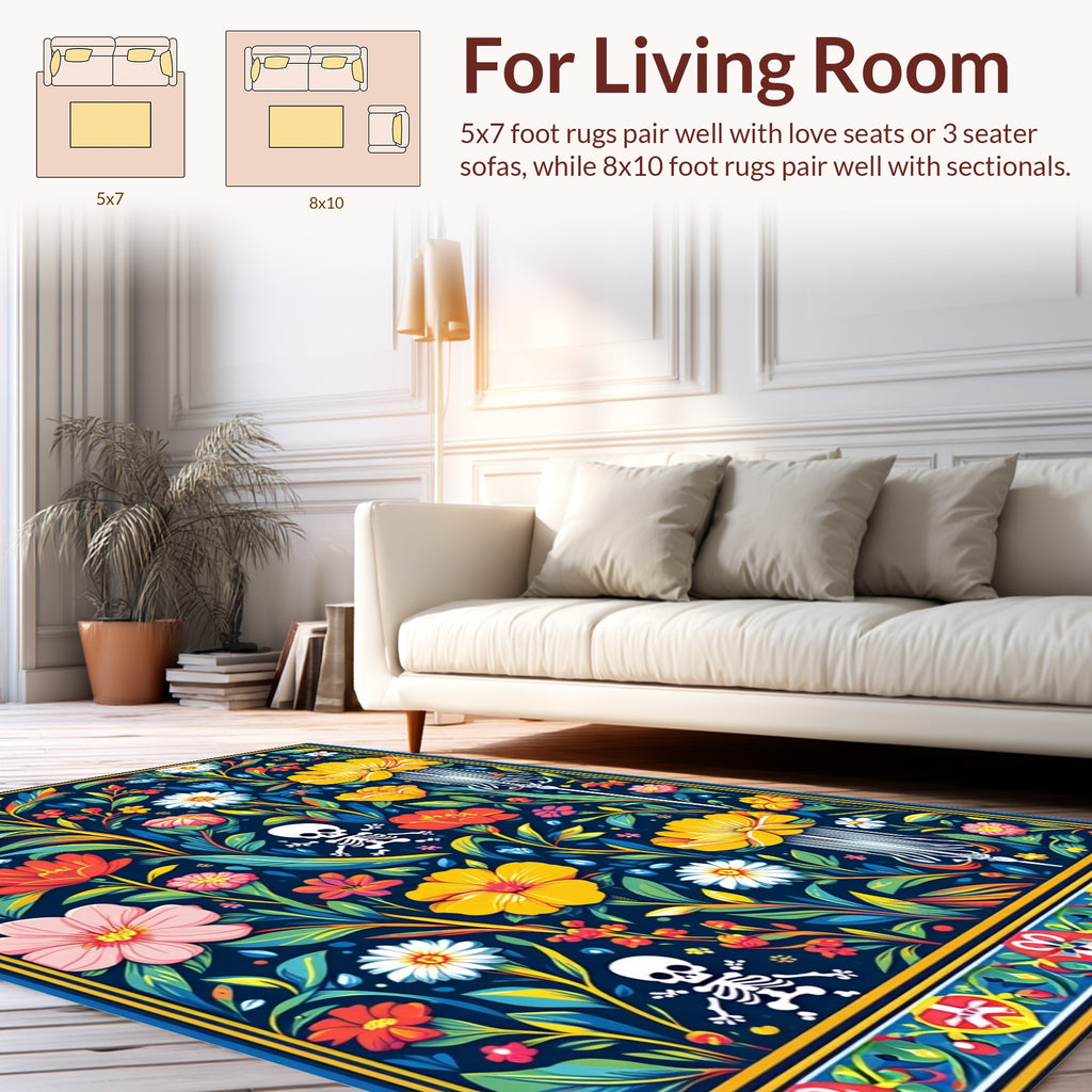 Colorful Floral Skeleton Print Rug