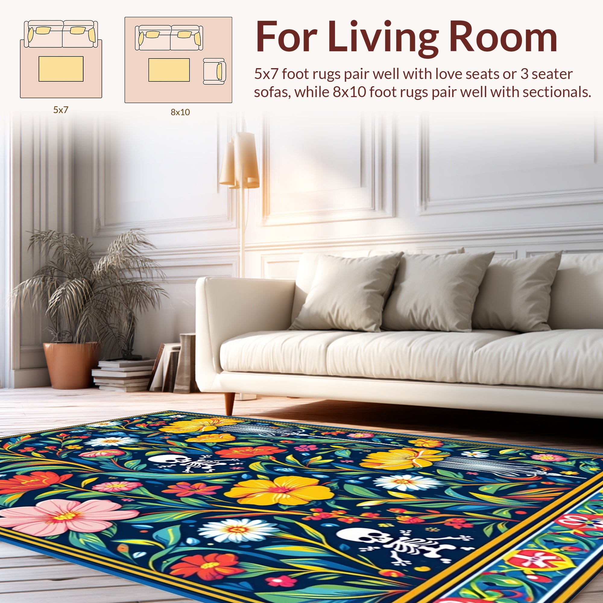 Colorful Floral Skeleton Print Rug