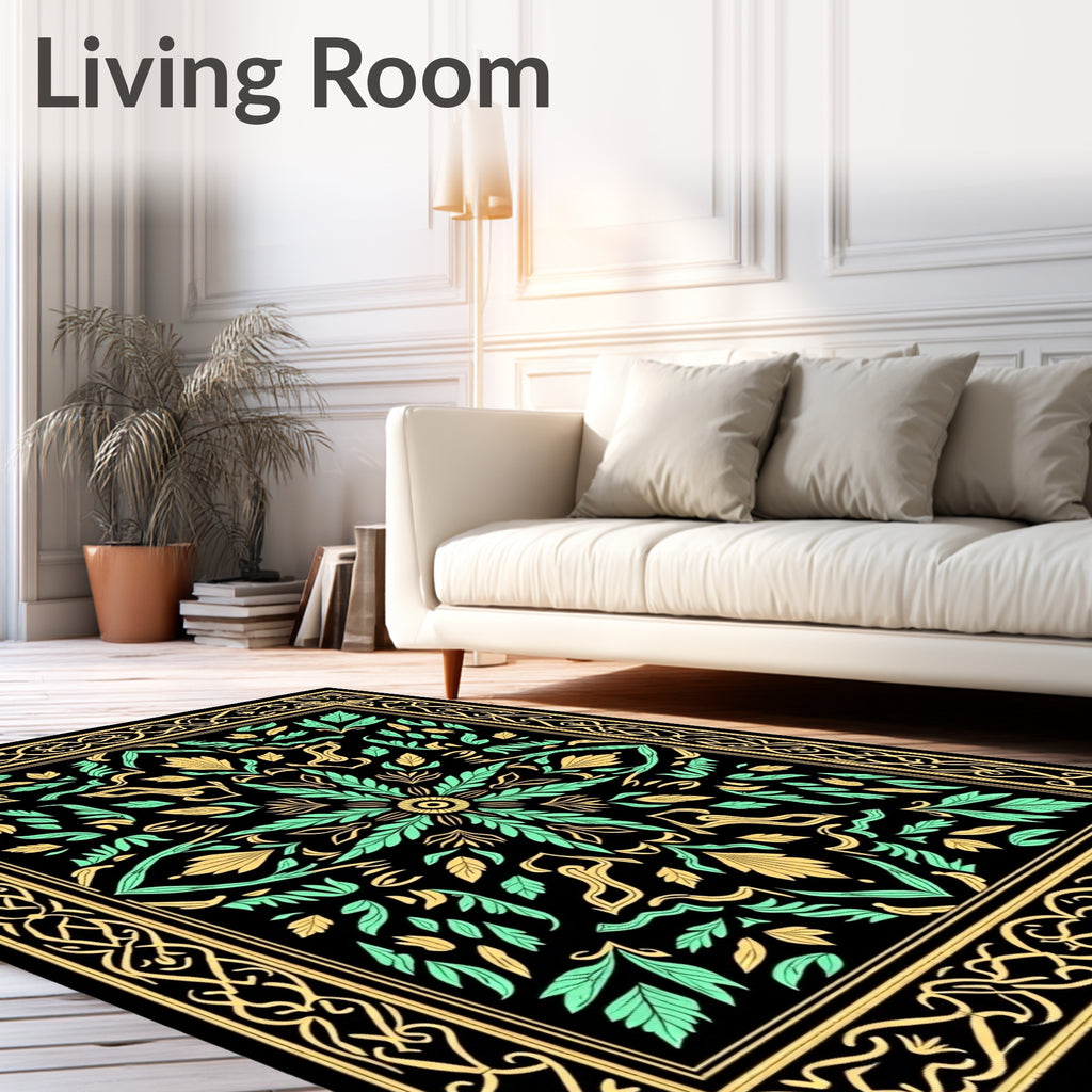 Black Golden Mint Floral Medallion Rug