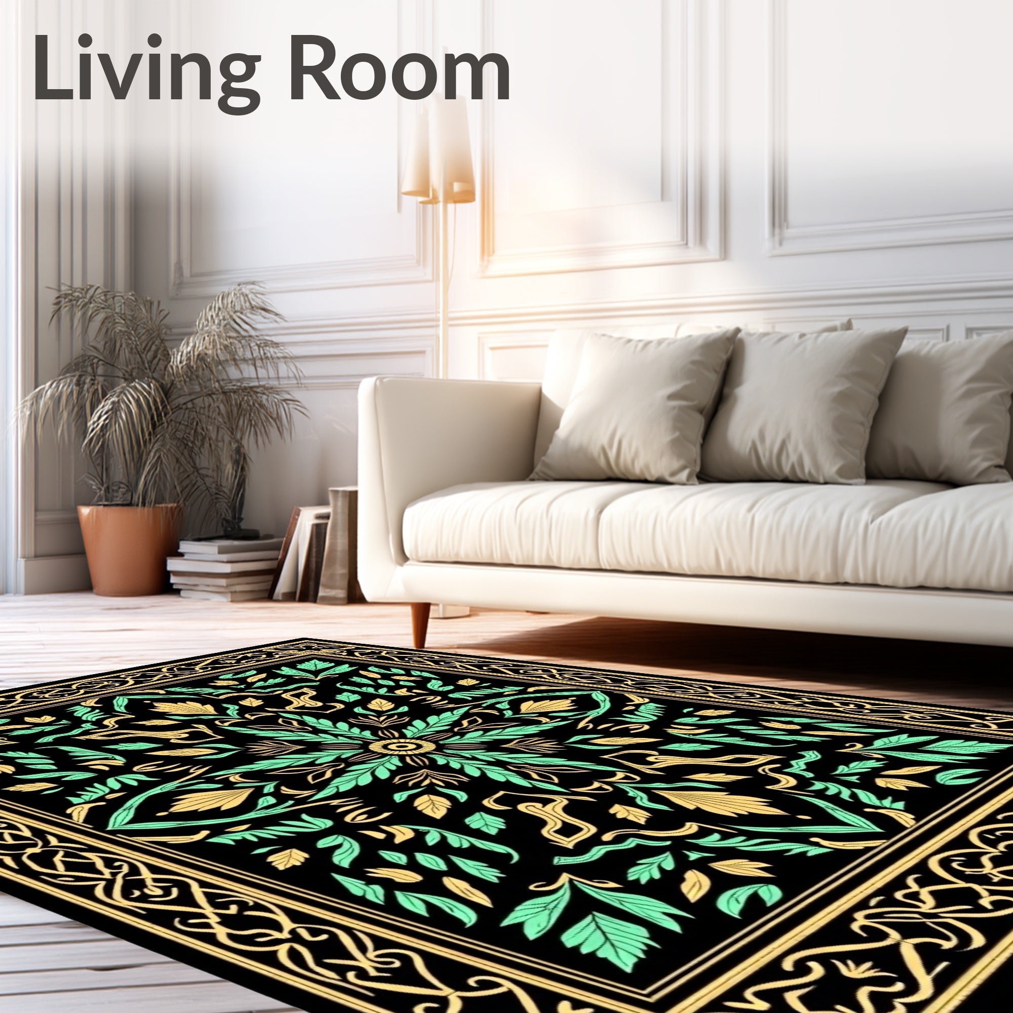 Black Golden Mint Floral Medallion Rug